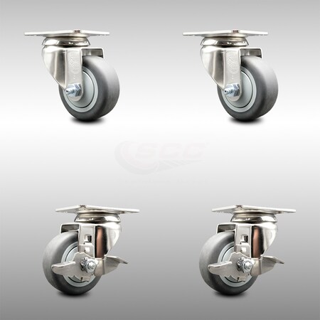 Service Caster 3 Inch 316SS Thermoplastic Rubber Wheel Swivel Top Plate Caster Brakes SCC, 2PK SCC-SS31620S314-TPRB-2-TLB-2